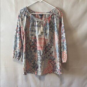 Chaps Pink and Blue 3/4 Sleeve Tie Front Blouse